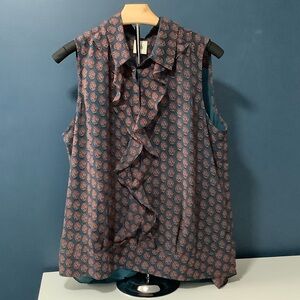 CAbi Navy Sleeveless Ruffle Front Top with Pink Print